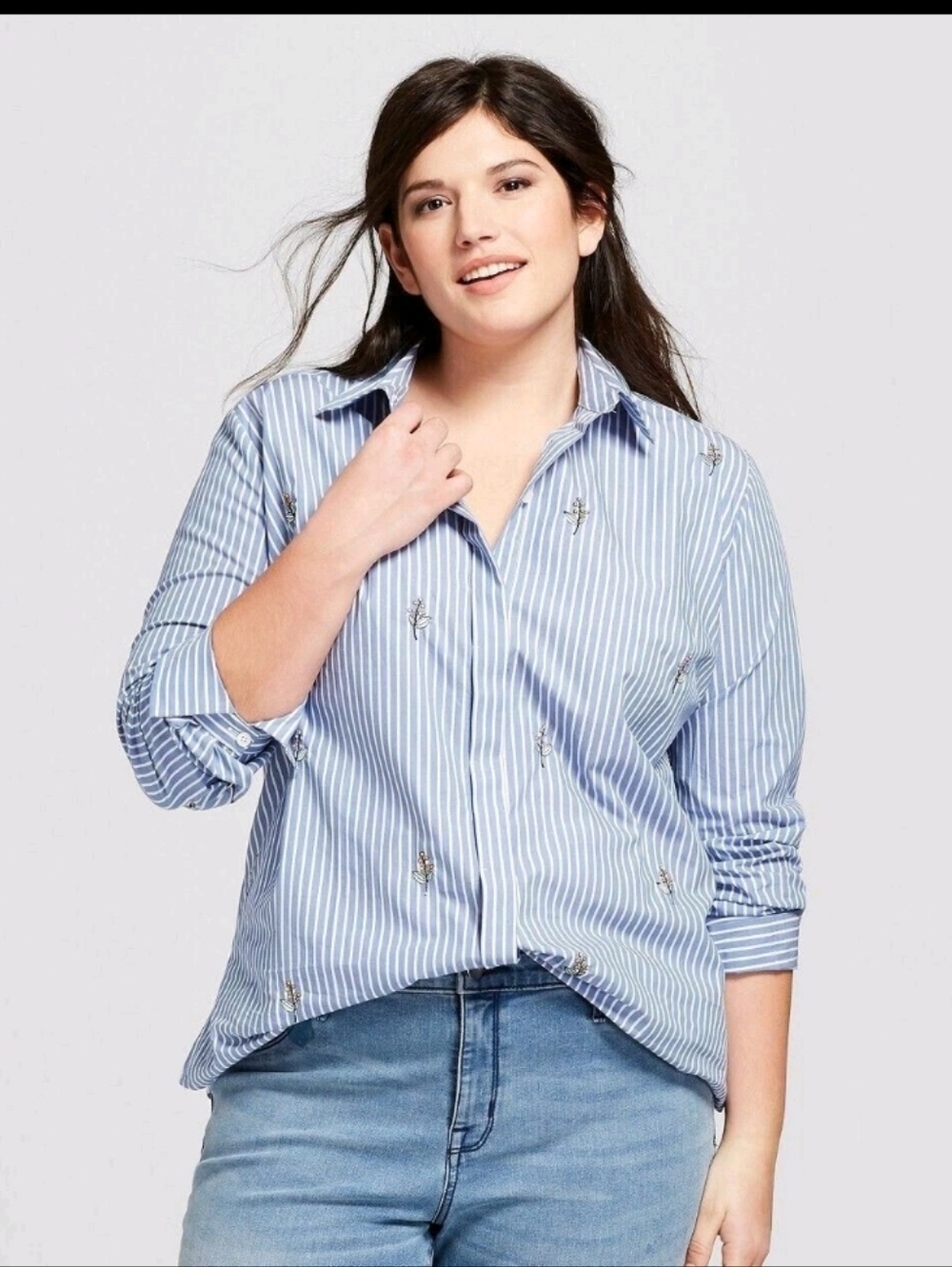 Ava & Viv 100% Cotton embroidered Blue and White Striped Button Down Shirt